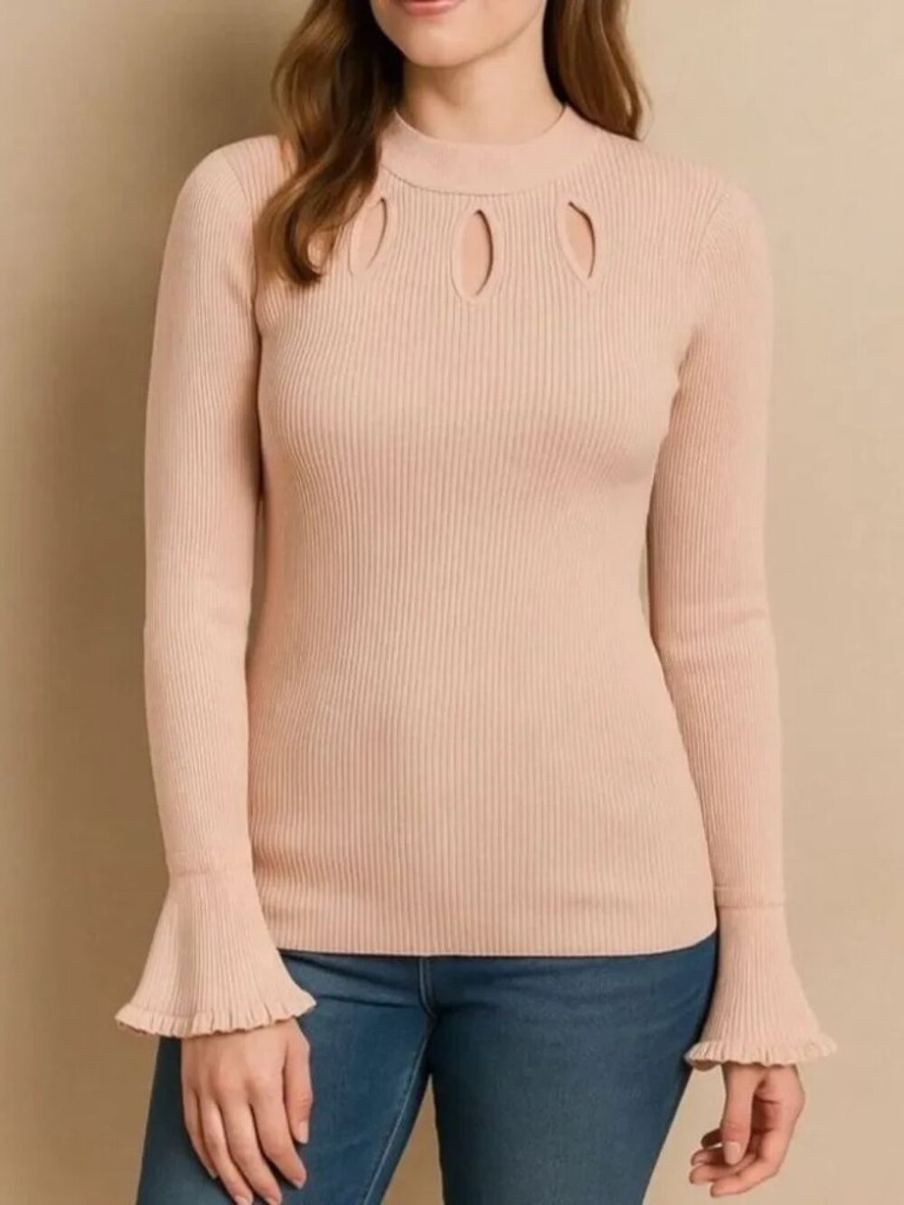 Women's Candies Blush Pink Long Sleeve Knitted Ribbed Sweater Top Size Medium